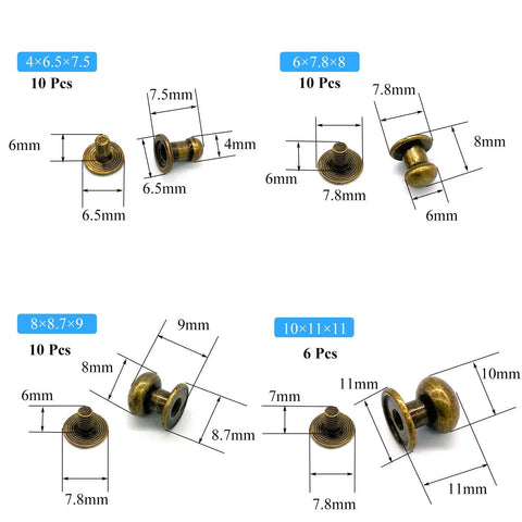 Top Shelf Bronze Button Stud Screws Kit Packs 36 Heavy Duty Rivets In Four Exact Sizes For Tough Leather Work And Badass Diy Builds Giving You A Slick Rust Proof Zinc Finish, Includes sizes 4x6.5x7.5, 6x7.8x8, 8x8.7x9, 10x11x11.