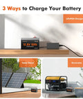 3 ways to charge 12V 10Ah LiFePO4 Battery with built-in 10A BMS: wall charger, solar panel, generator shown.