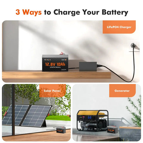 3 ways to charge 12V 10Ah LiFePO4 Battery with built-in 10A BMS: wall charger, solar panel, generator shown.