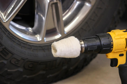 Drill with a cotton buffer from Aluminum Polishing Buffing Kit For Cars And Motorcycles 14 Piece Drill Buff Attachments And Steel Polishing Compound Set Heavy Duty Cotton Buffers To Make Your Ride Pop And Shine On Aluminum Stainless Steel Copper Chrome Plastics And More polishing car wheel rim.