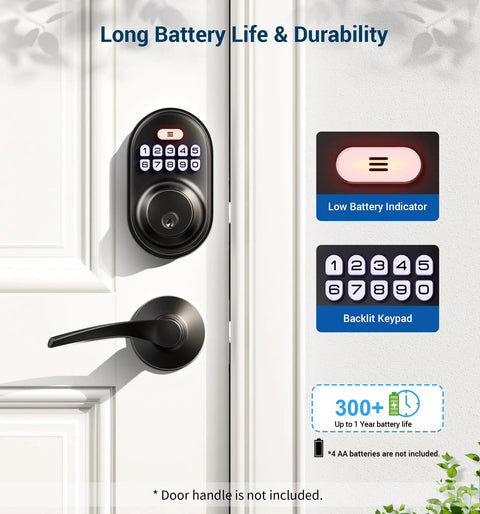 Keyless Entry Door Lock With Electronic Keypad Deadbolt, Auto Lock, Anti Peeking Password, Backlit Digital Display on white door