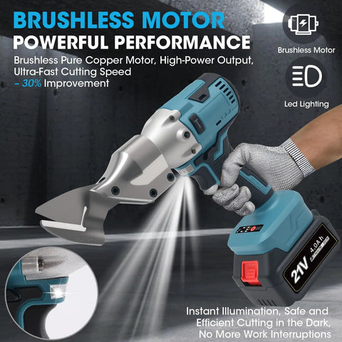Sumumtor Brushless Cordless Metal Shears With Two 4.0Ah Batteries, 14Ga Steel Cutter in action with LED lighting.