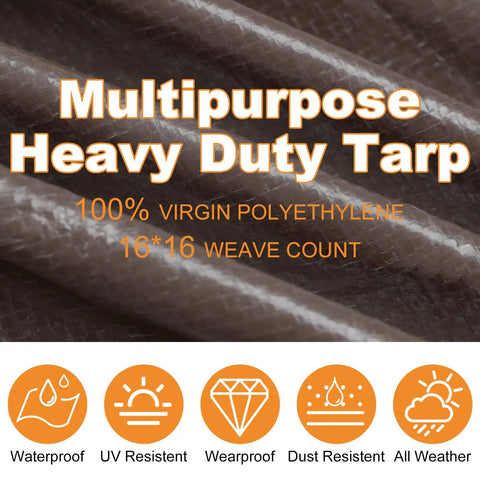 16 Ft By 20 Ft Heavy Duty Poly Tarp, 16 Mil Thick, Waterproof Tarpaulin With UV Protection features and brown weave detail