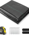 Heavy Duty Weed Barrier Landscape Fabric 3Ft By 50Ft With 10 U Shaped Pegs And 10 Gaskets displayed with measuring tape and pegs