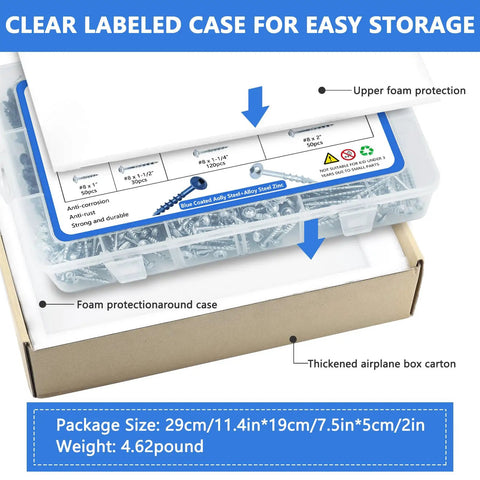 Labeled storage case for 660 Piece Pocket Hole Screws Set With 5 Sizes No 8 1 In 1 And A Quarter In 1 And A Half In 2 In And 2 And A Half In Square Drive Self Tapping Coarse Thread Wood Screws Blue And Zinc Coated With Included Drive Bit For Durable Woodworking Pro Grade with foam protection.