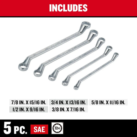 Offset Box End Wrench Set SAE 5 Piece With 45 Degree Angled Ends, Double Offset Design, shown with labeled sizes.