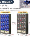 Heavy Duty 52 Drawer Parts Cabinet With Tough As Nails Steel Construction And Secure Door Lock For Screw Bolts Nails And Hobby Craft Supplies Workshop Organization Slick Setup with blue and clear drawers.