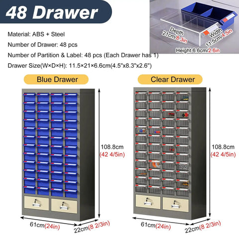 Heavy Duty 52 Drawer Parts Cabinet With Tough As Nails Steel Construction And Secure Door Lock For Screw Bolts Nails And Hobby Craft Supplies Workshop Organization Slick Setup with blue and clear drawers.