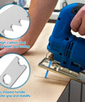 Top Shelf 24 Piece High Carbon Steel Jigsaw Blade Set Packing Killer U Shank Design For Savage Cuts Through Wood Metal And Plastic With Assorted Tooth Counts For Pro Level Garage Projects, showing sharp blades cutting wood.