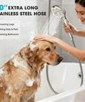 Woman using Eight Mode Handheld Shower Head With Built-In Filter For Hard Water on a golden retriever in a bathtub.