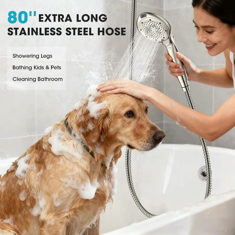Woman using Eight Mode Handheld Shower Head With Built-In Filter For Hard Water on a golden retriever in a bathtub.