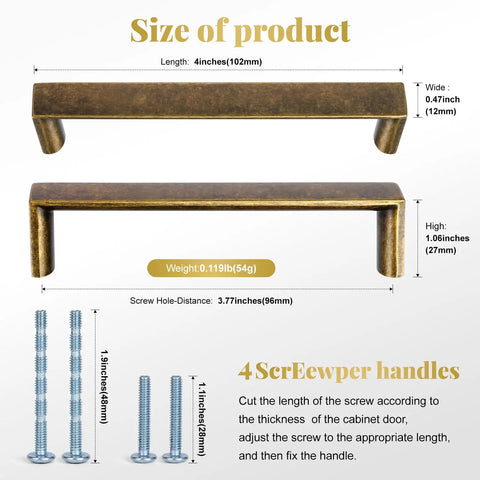 Square Antique Brass Cabinet Pulls Three And Three Quarters Inch Center To Center 96mm with screws and dimensions