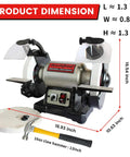 Badass 1/2 Horsepower Dual Speed Bench Grinder Buffer Combo showing dimensions, cast iron base, and grinding wheels.