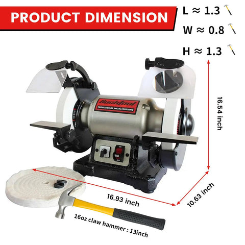 Badass 1/2 Horsepower Dual Speed Bench Grinder Buffer Combo showing dimensions, cast iron base, and grinding wheels.