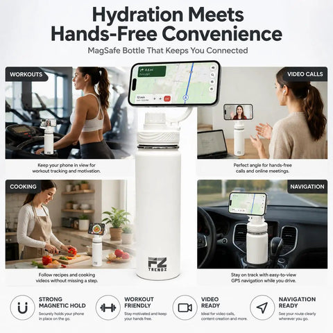 26 Oz MagSafe Water Bottle With Snap On Phone Cradle Double Wall Steel Keeps Your Hydration Icy All Day Long Zero Drip Build in use for workouts and cooking.