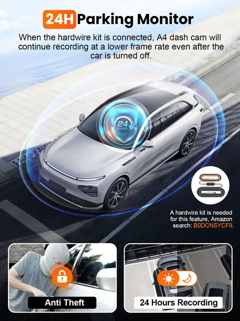 Car with 4K Front And Rear Dash Cam With Built-In 5G WiFi GPS, 64GB Included, 24 Hour Parking Monitor indicator
