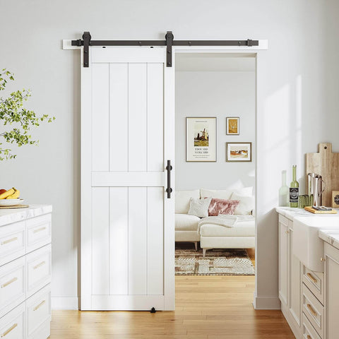 White Sliding Barn Door 30 By 80 Inches Made From MDF With Waterproof PVC Coating Pre Drilled Ready To Assemble Includes 5 Foot Black Sliding Door Hardware Kit And Handle H Frame Built To Last For Smooth Operation installed in a home