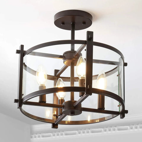 Oil Rubbed Bronze 15 Inch 3 Light Iron And Glass Modern Drum LED Flush Mount Ceiling Light