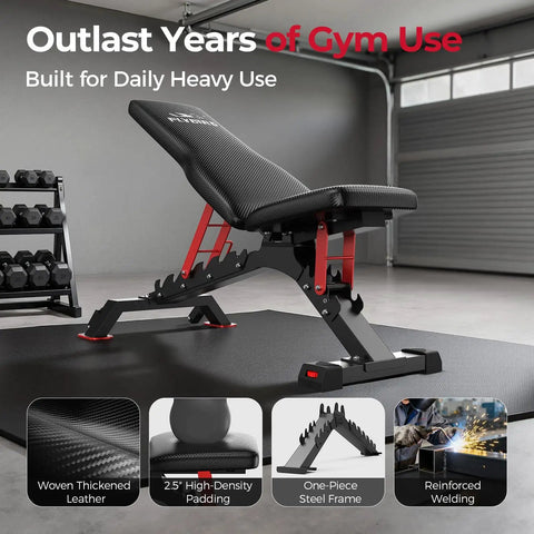Heavy Duty Adjustable Weight Bench For Home Gym 1300Lbs Capacity shown in flat position in a gym setting with stability features.