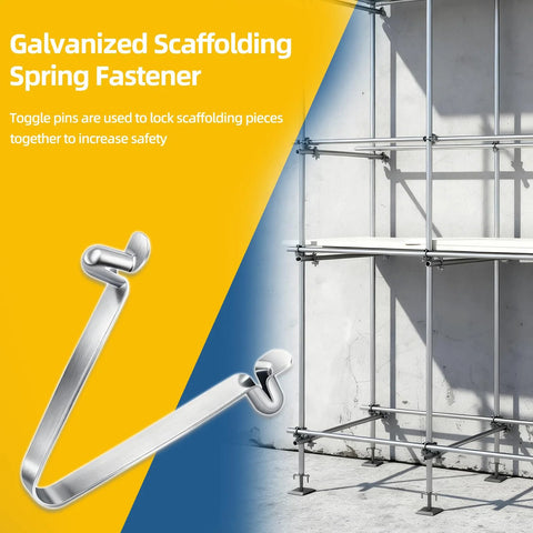 30 Pcs Scaffolding Pins Coupling Locking Pins Galvanized Steel Scaffold Spring Retainers For Pros And DIYers shown with scaffold.