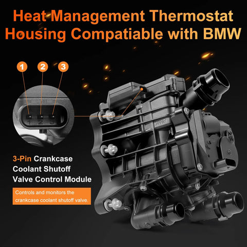Heat Management Thermostat Housing Assembly for BMW with 3-Pin Crankcase Valve, direct fit and bolt-up replacement.