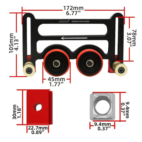Killer Table Saw Featherboard With Rust Resistant Aluminum Body And Friction Free Bearing Rollers, precision roller guide dimensions shown.