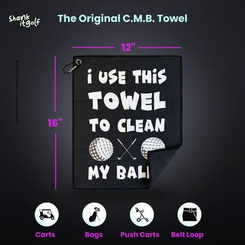 Funny Microfiber Golf Towel With Bag Clip For Men And Dad Gift, Clean My Balls Joke, 12x16 inch, waffle-weave design.