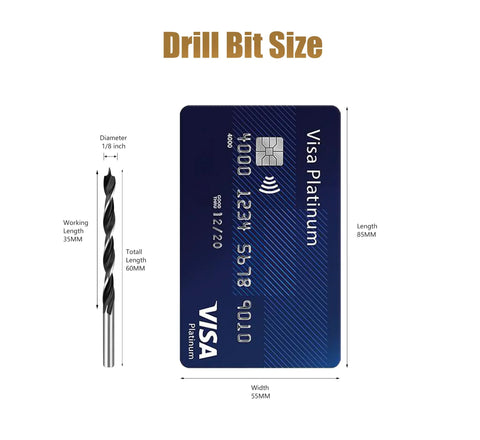 Comparison of drill bit size to a credit card, featuring Brad Point Drill Bit Set One Eighth Inch Ten Piece With Double Flutes For Hardwood Plywood And Plastic