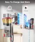 Front view of AIPOWAY 650W cordless vacuum cleaner with transparent dustbin and gold cyclone, wall-mount charger.
