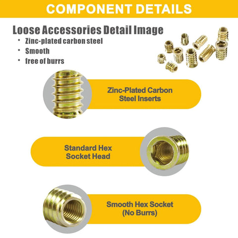 Component details for 170 Piece Wood Threaded Inserts Kit With 10 Sizes And Hex Wrenches For Woodworking Furniture And Cabinet Projects.