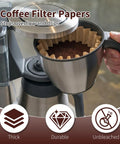 Heavy Duty Unbleached Paper Coffee Filters 100 Count Disposable Basket Style Brew Bags Fit Like A Glove On Most Standard Machines And Pour Out A Smooth Clean Cup Every Time For Zero Fuss Daily Brewing Routine, showing brewed coffee grounds in a stainless steel coffee maker.