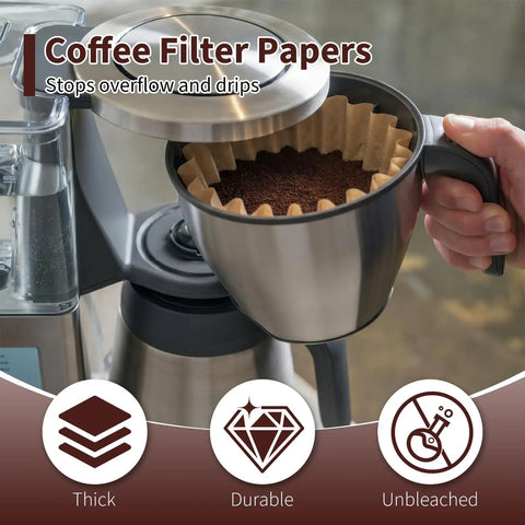 Heavy Duty Unbleached Paper Coffee Filters 100 Count Disposable Basket Style Brew Bags Fit Like A Glove On Most Standard Machines And Pour Out A Smooth Clean Cup Every Time For Zero Fuss Daily Brewing Routine, showing brewed coffee grounds in a stainless steel coffee maker.