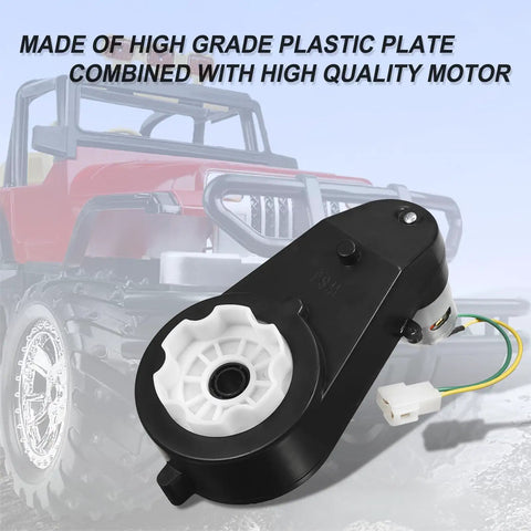 Beefed Up 12V Upgrade Motor Gearbox on Jeep background, high-grade plastic, fast installation