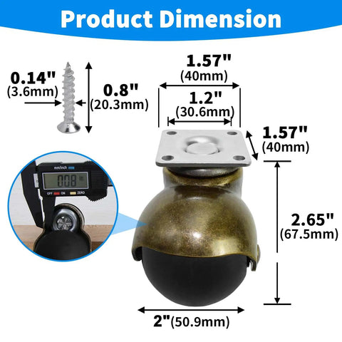 Hella Sturdy 2 Inch Ball Casters Paired With Soft TPR Wheels And Heavy Gauge Brass Plates For No Sweat Furniture Sliding Ideal For Quick Room Makeovers Or Shop Fixes Set Of Four dimensions shown on a measuring tool.