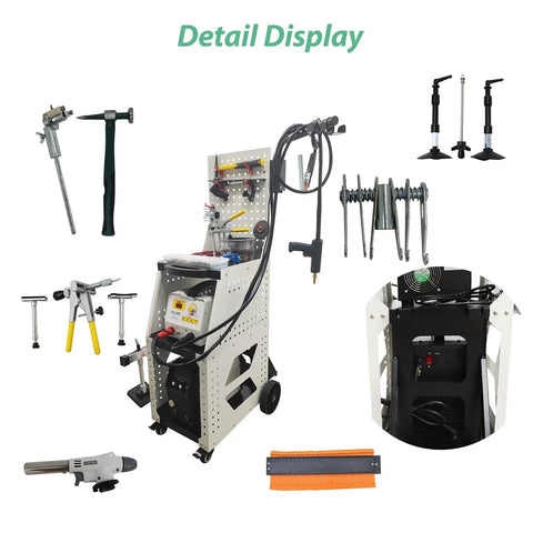 Two In One Aluminum Dent Pulling And Spot Welding Machine For Auto Body Repair 220V Inverter Pulse Gas Shielded Welder With M3 To M6 Studs Digital Control Durable Cart Included detail display
