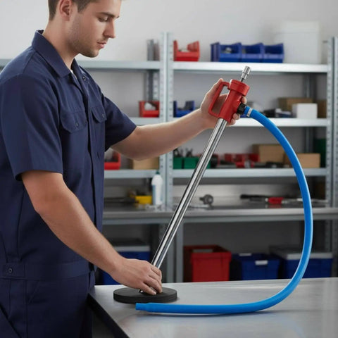 Beast Drill Powered Spiral Oil Transfer Pump With Reversible Bidirectional Action Liquid Extractor Auxiliary Handle Ideal For Workshop Automotive Service And Maintenance 1M Hose, man using red metal pump with blue hose