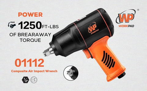 Professional Pro Grade Half Inch Composite Air Impact Wrench With Twin Hammers Quiet Pneumatic Tool For Heavy Duty Projects Lightweight Ergonomic Housing Mufflered Handle For Reduced Noise Fits Bolts Up To M25 displayed with orange and black design