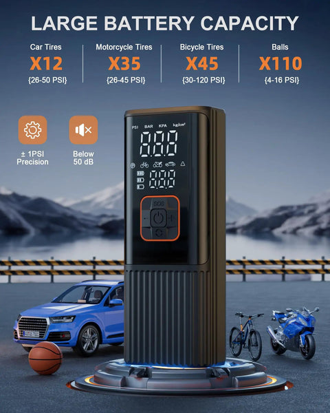No Fuss Portable Tire Inflator showing digital display, compact design, and large battery capacity for car, bike, and sports gear.