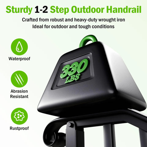 Sturdy 1-2 Step Outdoor Handrail, Two Pack Heavy Duty Outdoor Stair Handrails, Wrought Iron Step Guards With Quick Mount Kit, Hella Sturdy Security Railing For Porch Deck And Concrete Entrance, Matte Black.