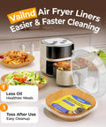 125 Pcs 8 Inch Square Air Fryer Liners Disposable Parchment Paper Nonstick Cooking Mats in use with food in air fryer.