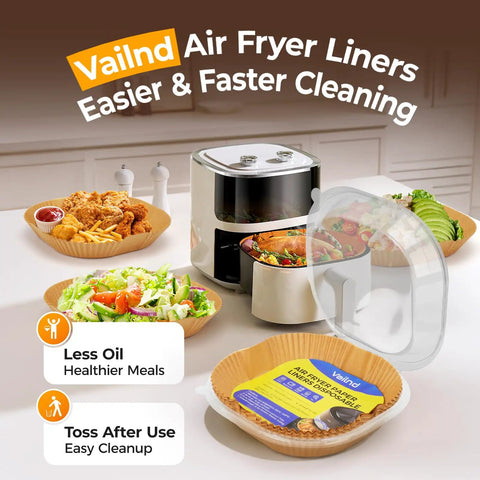 125 Pcs 8 Inch Square Air Fryer Liners Disposable Parchment Paper Nonstick Cooking Mats in use with food in air fryer.