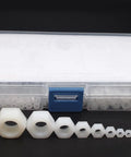 500 Piece Metric Nylon Hex Nuts Assortment Kit Featuring M2 Through M12 White Plastic Threaded Fasteners displayed in a plastic case.