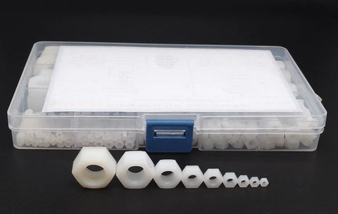 500 Piece Metric Nylon Hex Nuts Assortment Kit Featuring M2 Through M12 White Plastic Threaded Fasteners displayed in a plastic case.