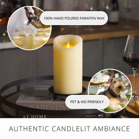 Ivory Flameless LED Pillar Candle With Moving Flame And Timer on table, real wax look, unscented scalloped edge for cozy glow