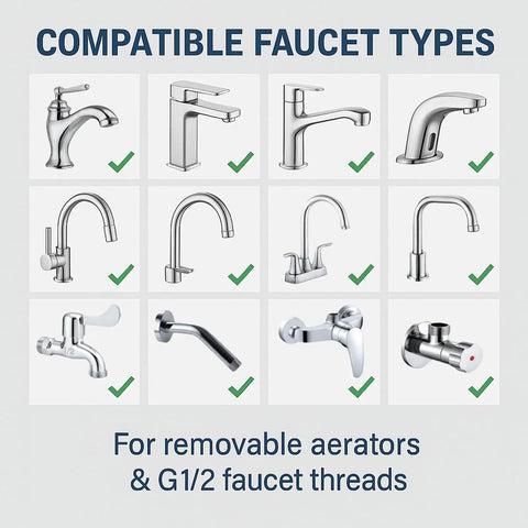 Image showing compatible faucet types for Heavy Duty 3 Piece Faucet Adapter Kit That Instantly Connects Kitchen Sink To Garden Hose.