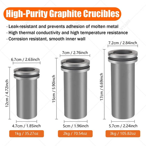 High-purity graphite crucibles for Beastly 1 To 3 Kg Gold Melting Furnace showing sizes and material characteristics.