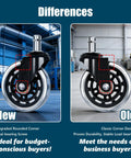 Comparison of new and old 3-inch chair wheels, showcasing upgraded rounded corner design for Set Of Five 3 Inch Smooth Replacement Chair Wheels With Rollerblade Style Bearings For Ultra Quiet Glide 880 Lbs Heavy Duty Transparent Casters Universal Fit For Home Office And Gaming Chairs Long Lasting Low Noise And Vibration Reduction.