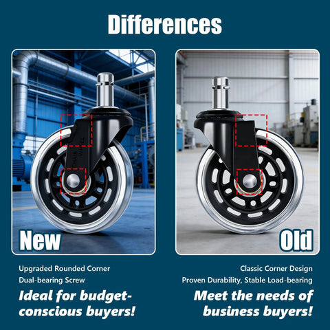 Comparison of new and old 3-inch chair wheels, showcasing upgraded rounded corner design for Set Of Five 3 Inch Smooth Replacement Chair Wheels With Rollerblade Style Bearings For Ultra Quiet Glide 880 Lbs Heavy Duty Transparent Casters Universal Fit For Home Office And Gaming Chairs Long Lasting Low Noise And Vibration Reduction.