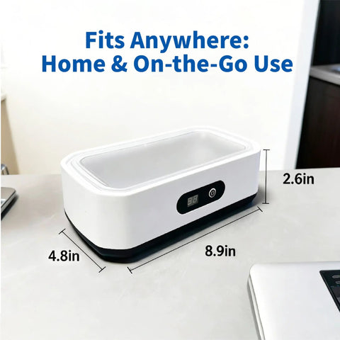 Slick Pro Level Ultrasonic Jewelry Cleaner With 49Khz Deep Wash Power and Five Auto Modes in white, 8.9in x 4.8in x 2.6in size.