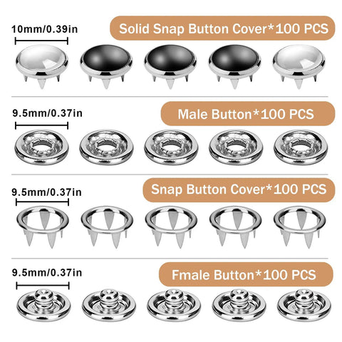 Killer Grade Pearl Snap Button Kit With Pro Fastener Plier: black and white solid snap buttons 10mm, 9.5mm male and female buttons.